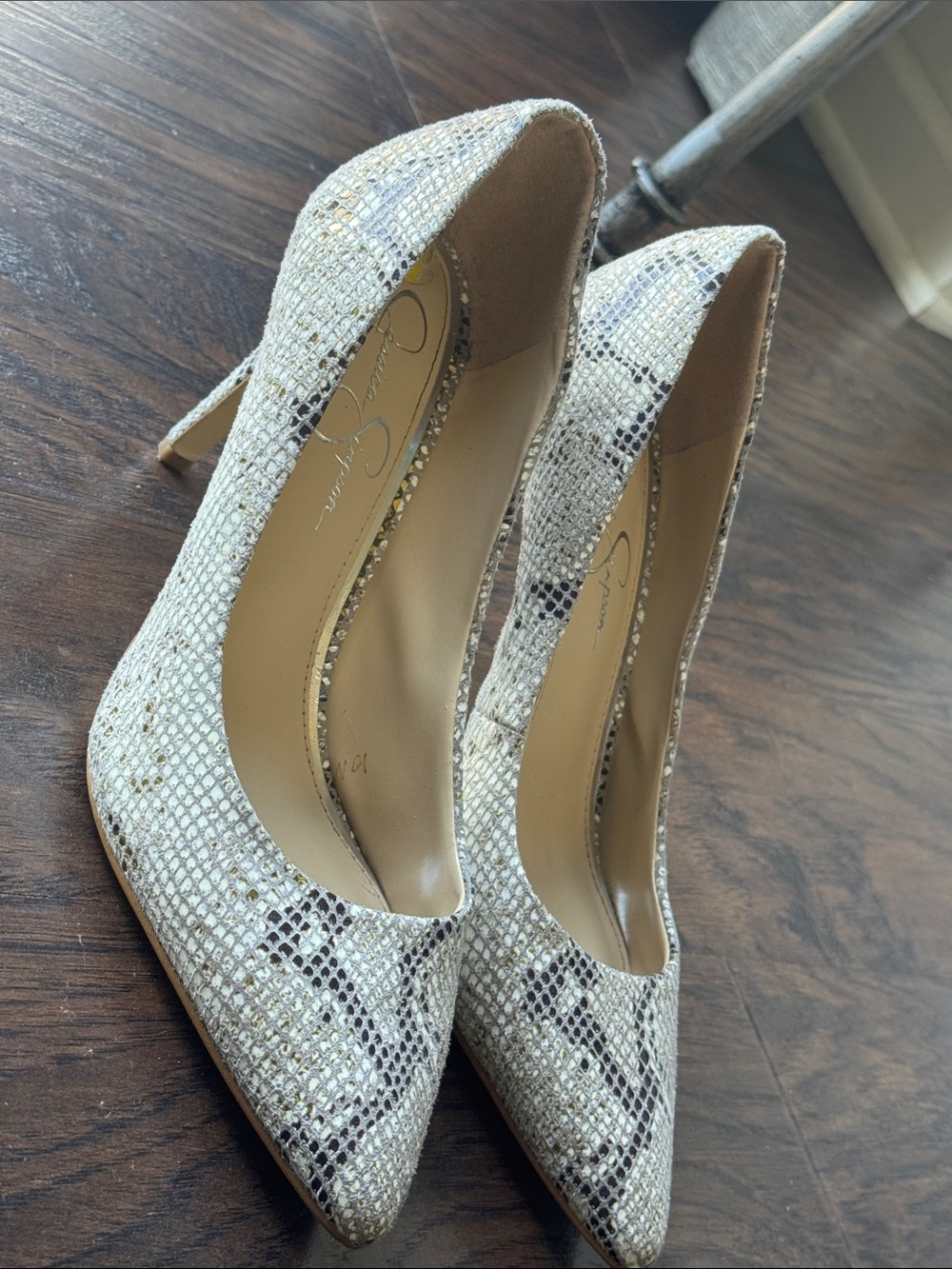 Jessica Simpson Ivory Snakeskin-Print Pointed Toe Pumps